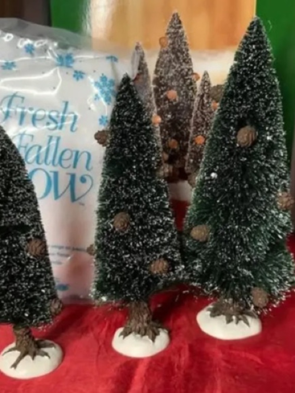 Green Bottle Brush Holiday Tree Set with Pinecone Accents